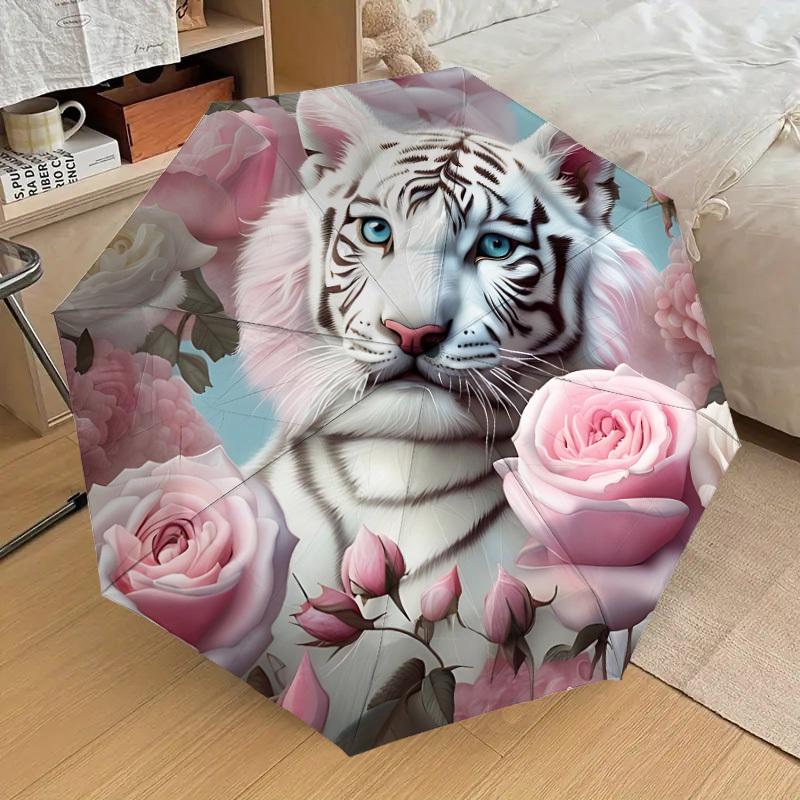 

1pc White Tiger Roses Automatic Open/Close Umbrella, 8-Rib Sturdy Frame, Umbrella for Travel, Everyday, Formal Events yy251126063