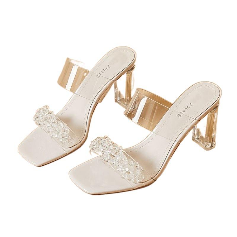 2025 summer new ins trendy Internet celebrity fashion word with transparent sandals women's high heels crystal thick heel cool slippers