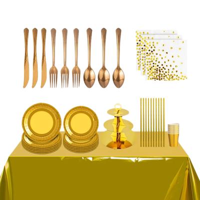 Conjunto de Pratos Dourados de Cor Sólida Conjunto de Pratos de Papel Arranjo de Cena de Festa de Casamento Talheres Descartáveis
