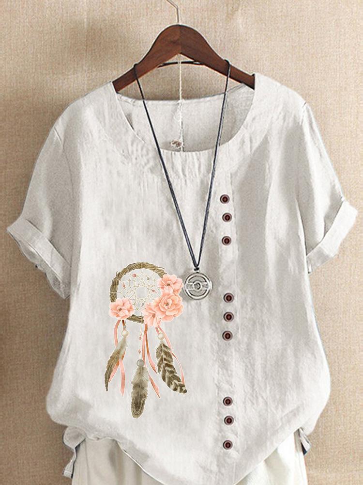 Women's Fashion Feather Flower Print Casual Cotton Linen Short Sleeve Round Neck T-shirt Shirt Leisure Loose Summer Blouse Tops
