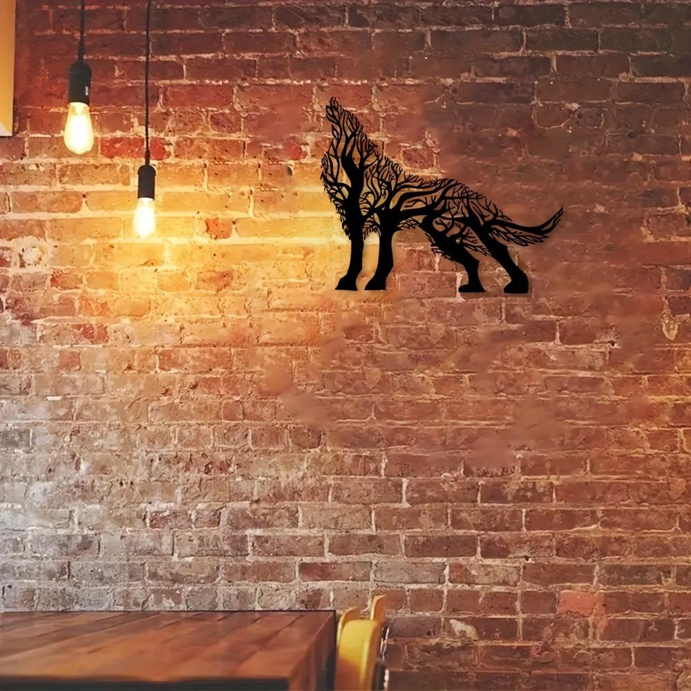 Wanddekoration aus Eisen mit Baumzweig und Wolf, einzigartige Innendekoration, ideal für die Wohnzimmerwand, stilvoll und elegant