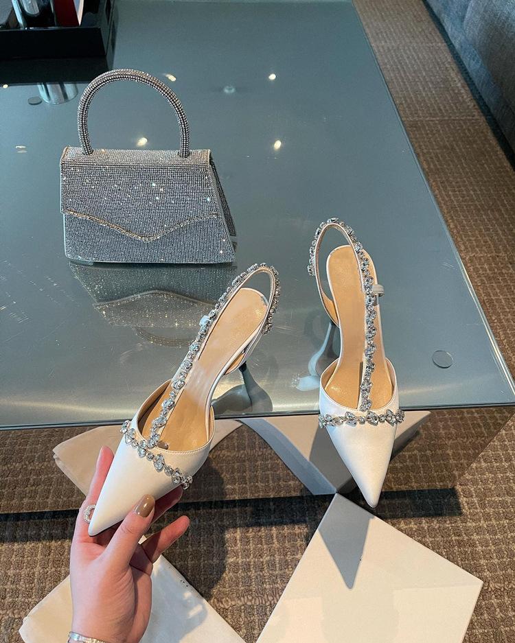Temperament French small heels socialite pointed single shoes fairy white high heels thin heel rhinestone bag head sandals female summer