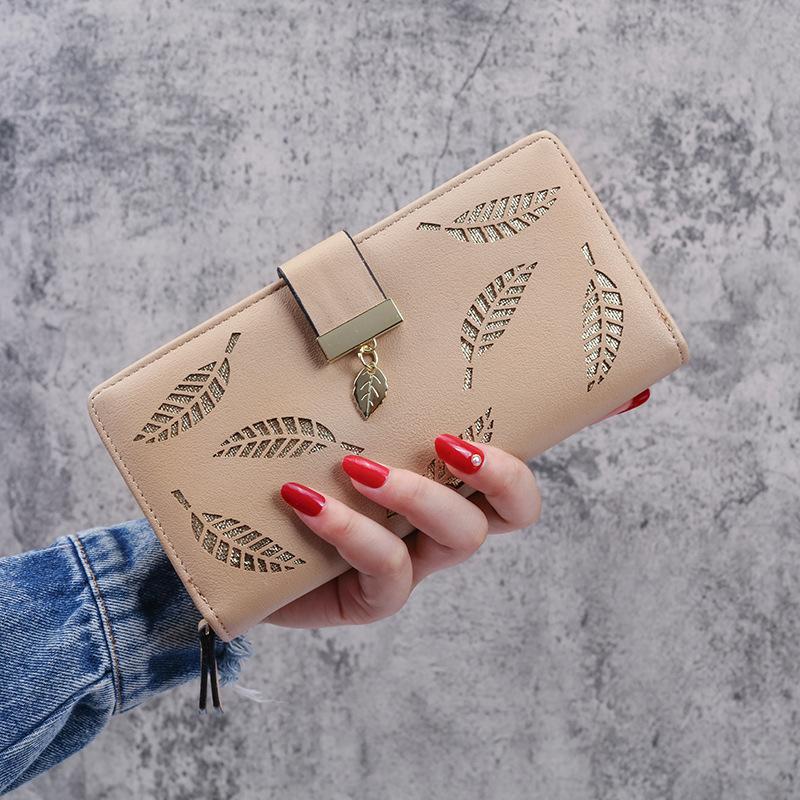 2020 Korean Women's Long Clutch with Hollow Leaf Design and Zipper Buckle