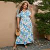 Plus Size V Neck Floral Print Boho Dress Women Summer Short Sleeve Maxi Dresses Holiday A-line Female Belted Dress