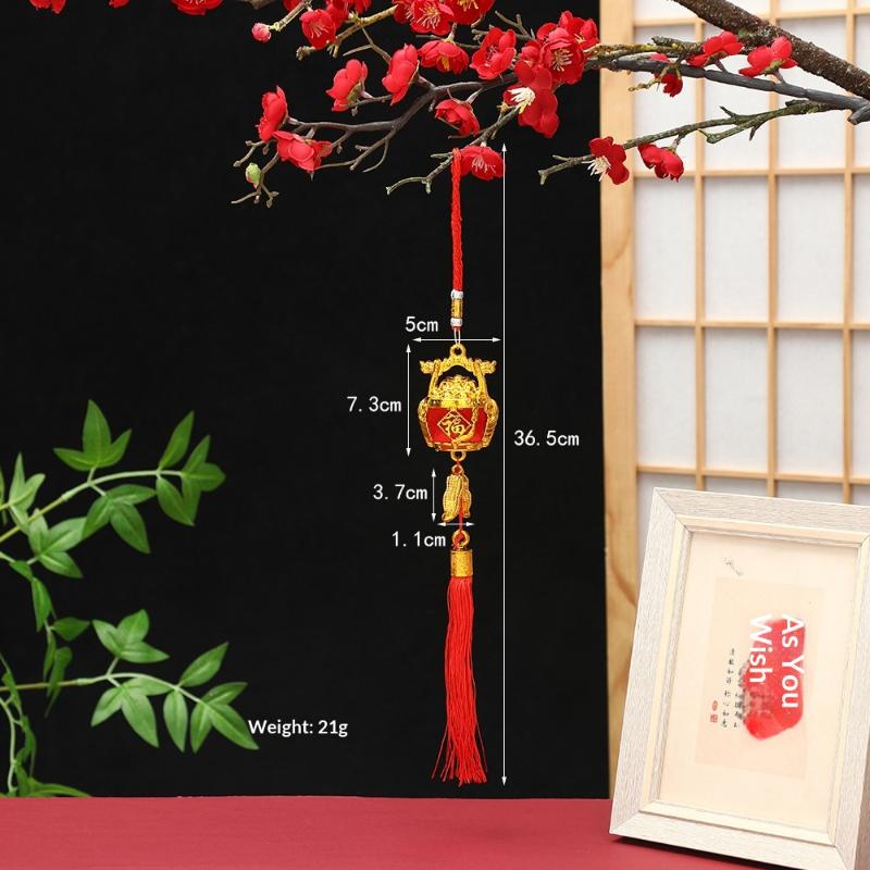 Lunar New Year Lucky Hanging Ornament with Red Tassel Golden Charm Festive Portable Decor for Travel Hotel Room Spring Festival