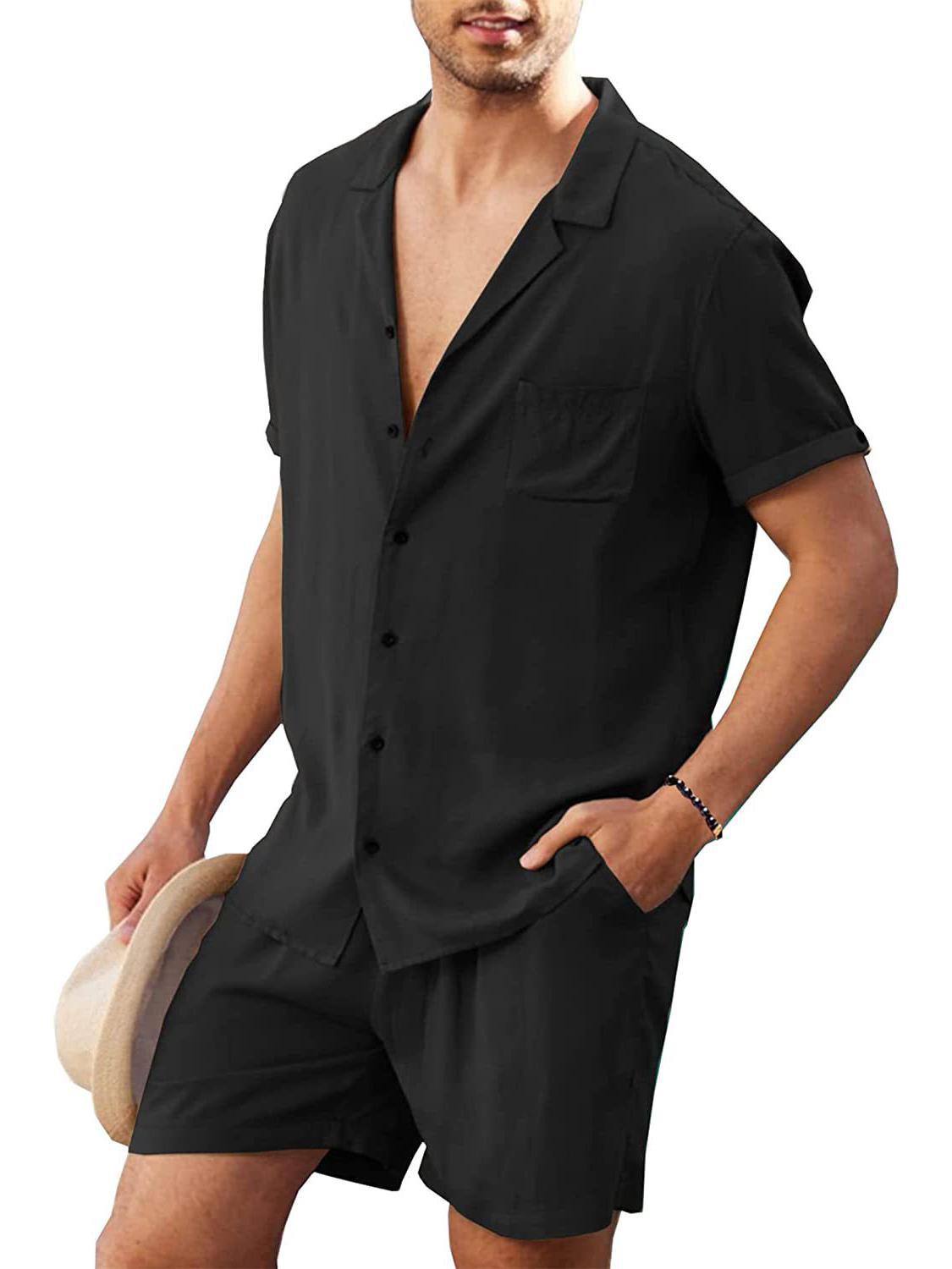 

Мужской летний комплект из льняной рубашки и шорт - повседневный, свободный, в стиле кардигана с короткими рукавами L чёрный