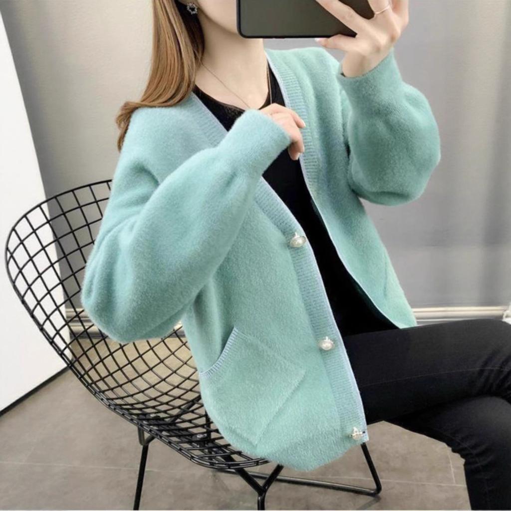 Autumn and Winter Solid Color Knitted Women's Imitation Mink Fleece Cardigan Sweater Women's New Thickened Loose Coat Top