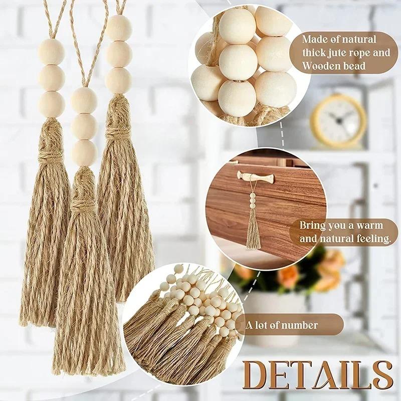 1/2/3Pcs Jute Tassel with 3 Wood Beads Natural Jute Rope Tassels Beaded Tassels for DIY Crafts Tassels Home Wedding Party Decor