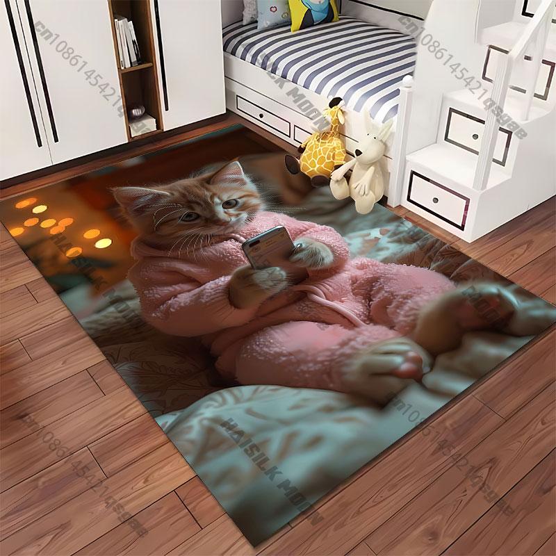 Cozy kitten using smartphone carpet Yoga living room room decor children's crawling mat doormat area rug games mat