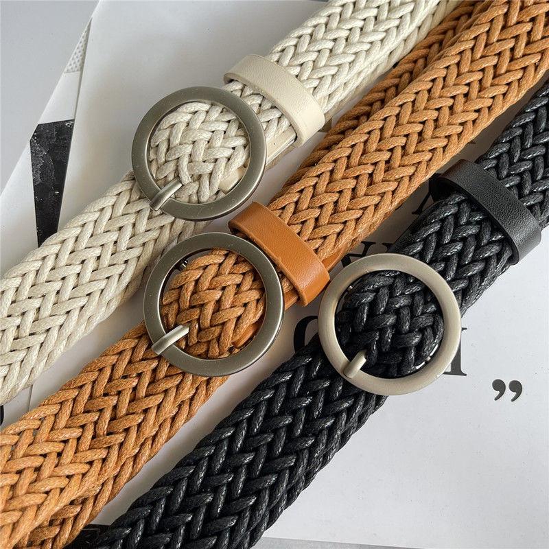 Womens Woven Modern Belt In Black Camel And Beige With Round Buckle For Everyday Wear