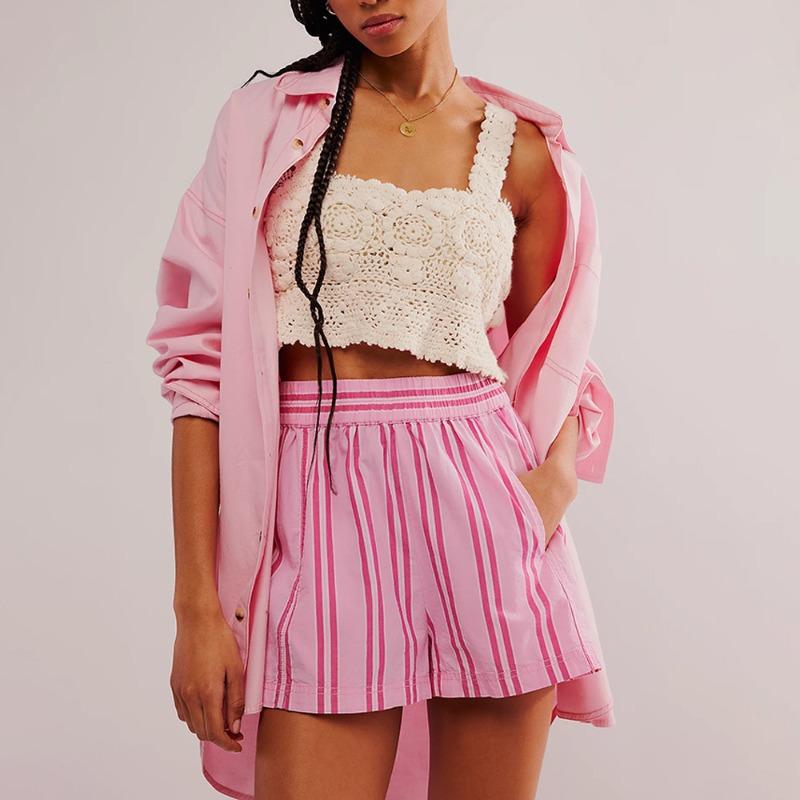 Women's Shorts Fashion Striped Casual Elastic-pocket Beach Shorts Women's Pants