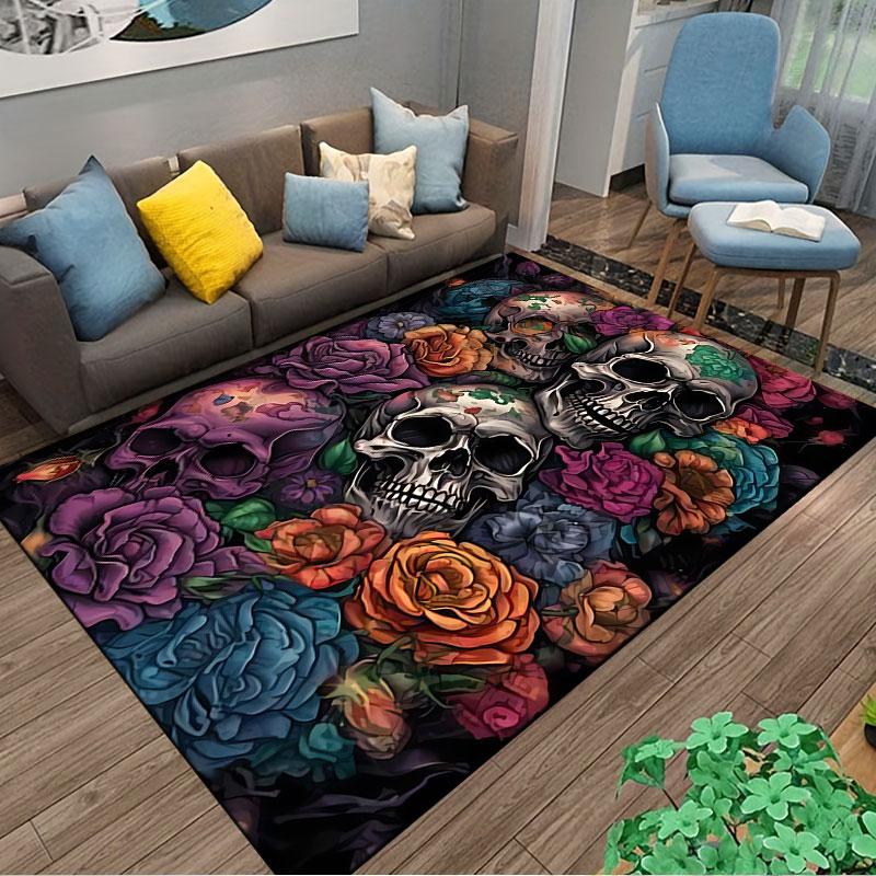 Floral Skull Art Carpet suitable as a non-slip mat for the living room or bedroom sofa