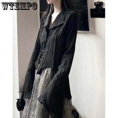 Y2K Siyah Bluz Kadın Vintage Katı Gömlek Gotik Harjauku Pileli Düğme Yukarı Kore Koyu Sıkı Uzun Kollu Estetik Tops