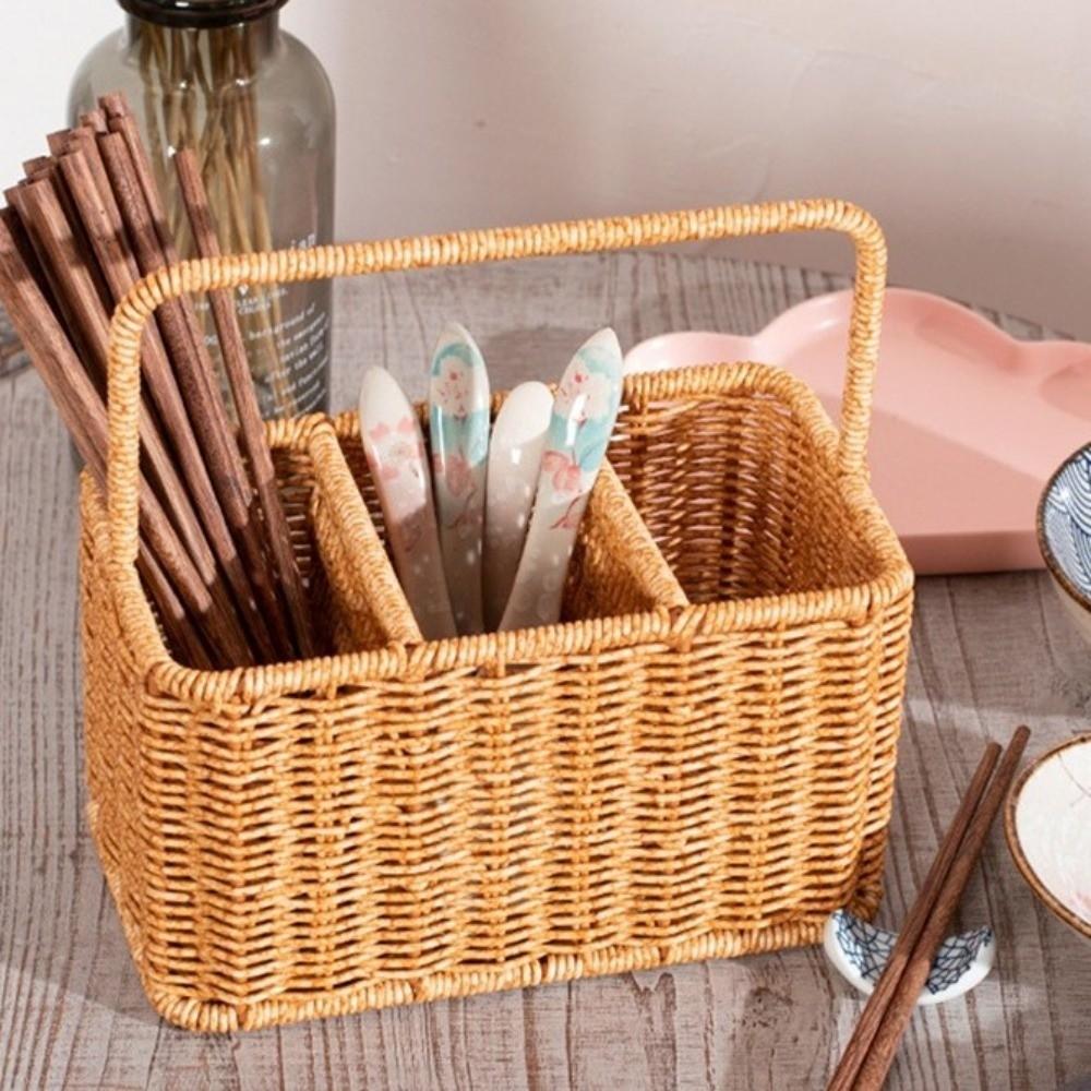 With Handle Utensil Storage Basket Large Capacity Woven Cutlery Organizer  Outdoor Camping