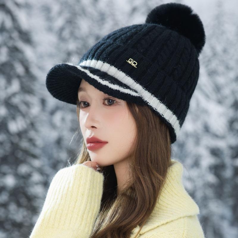 Czapka dziergana z pomponem, Gruba ciepła czapka z polaru, Wełniana czapka rekreacyjna na zewnątrz, Damska zimowa wełniana czapka dziergana, Wiatroodporna czapka podróżna na zewnątrz