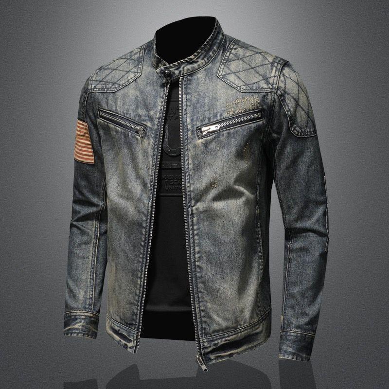 

2024 Retro Denim Jacket for Men - European & American Street Style Motorcycle Workwear with Stand Collar. 2XL peacock синього кольору