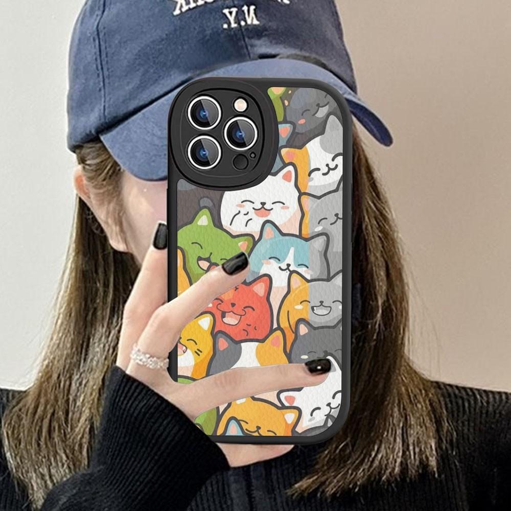 Cartoon Cute Cats Background Phone Case Hard Leather For IPhone 16 15 14 13 12 Mini 11 14 Pro Max Xs X Xr 7 8 Plus Fundas