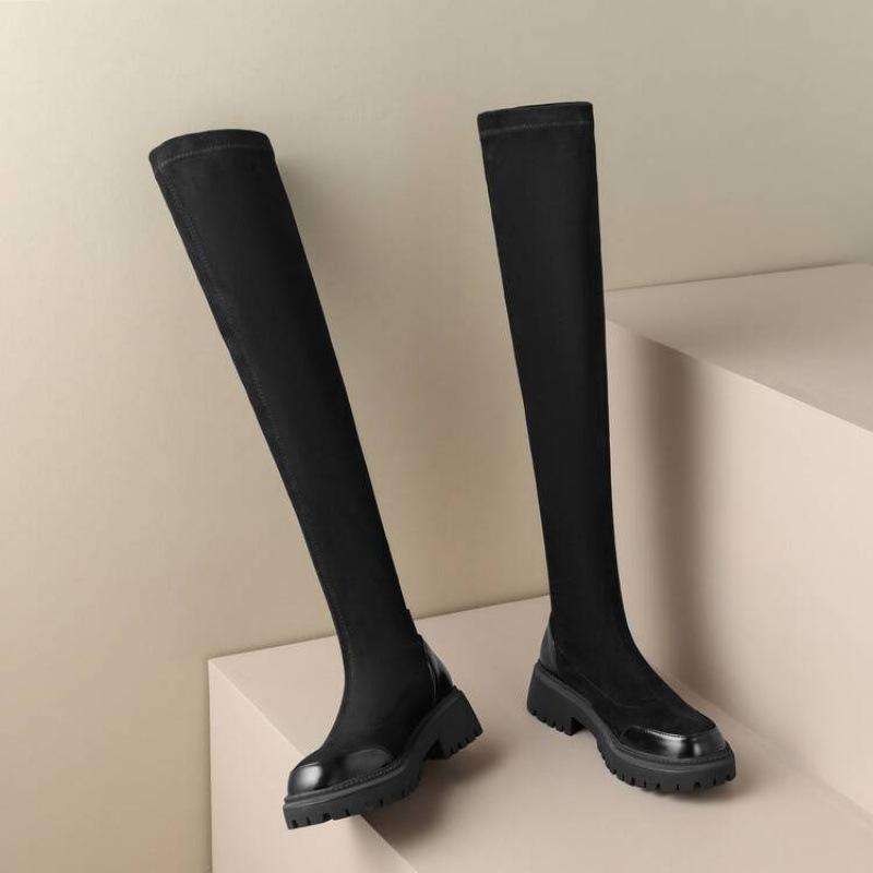 Autumn and winter women's thick-soled over-knee boots round head medium heel large size leather boots sleeve suede boots Korean version M