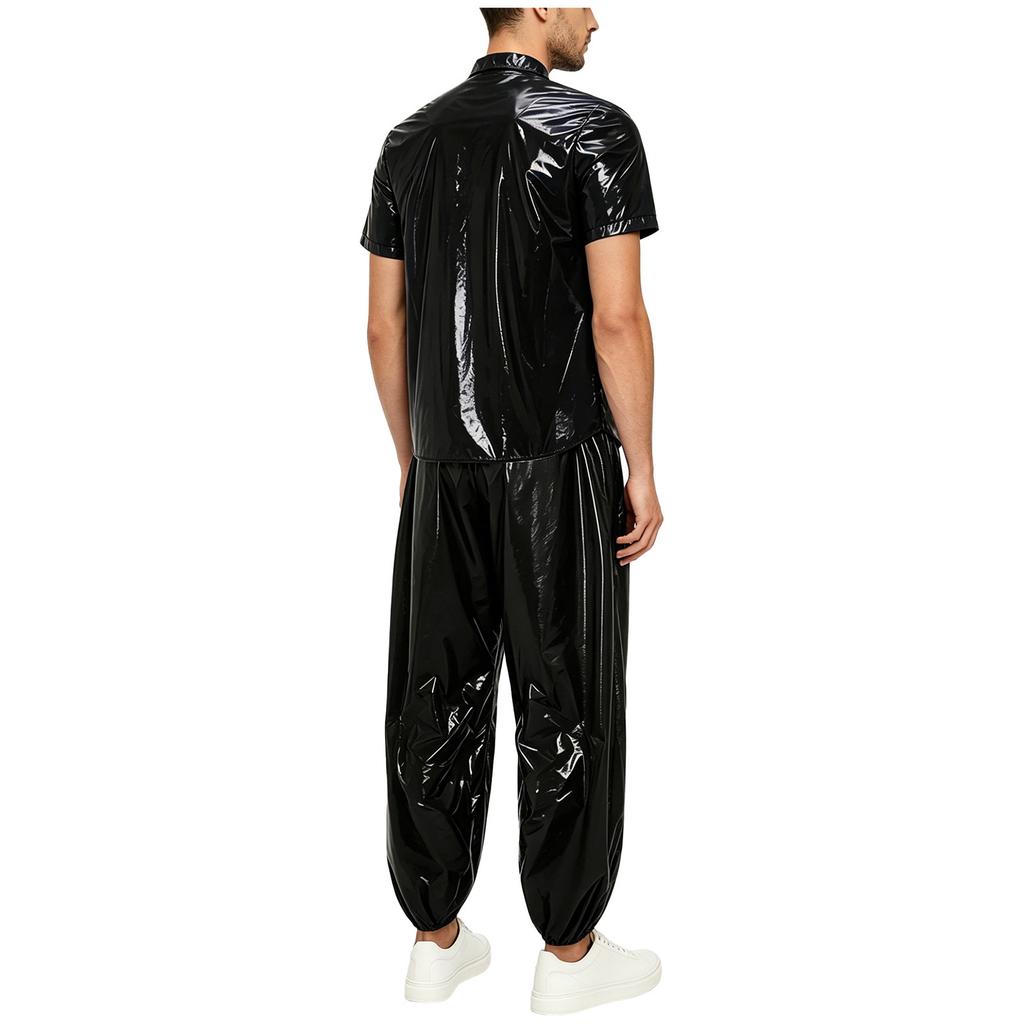S-3XL Men Waterproof Tracksuit Short Sleeve Front Button Lapel T-Shirt with Elastic Waistband Jogging Pants for Sauna Sweat Rainwear