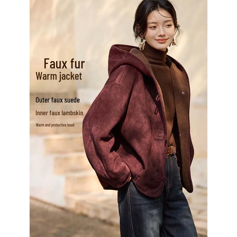 Faux Suede & Lamb Wool Lined Hooded Winter Jacket M