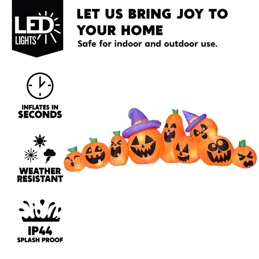 Joyfy 12.5 FT Halloween Inflatable Long Pumpkin with Witch Hat Decorations Inflatables with Build-in LEDs for Halloween Decor