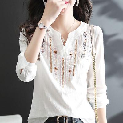 Women Spring Autumn White Blouses Tops Lady Casual Embroidery V-Neck Long Sleeve Vintage Loose Blusas Top