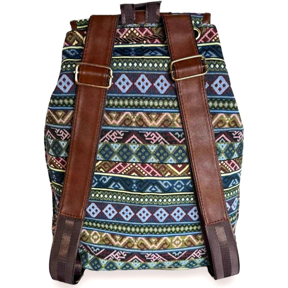 Hippie Canvas Women Backpack Purse- Boho Style Ethnic Drawstring Causal Double Shoulder Vintage Travel Daypack (Landscape), Large