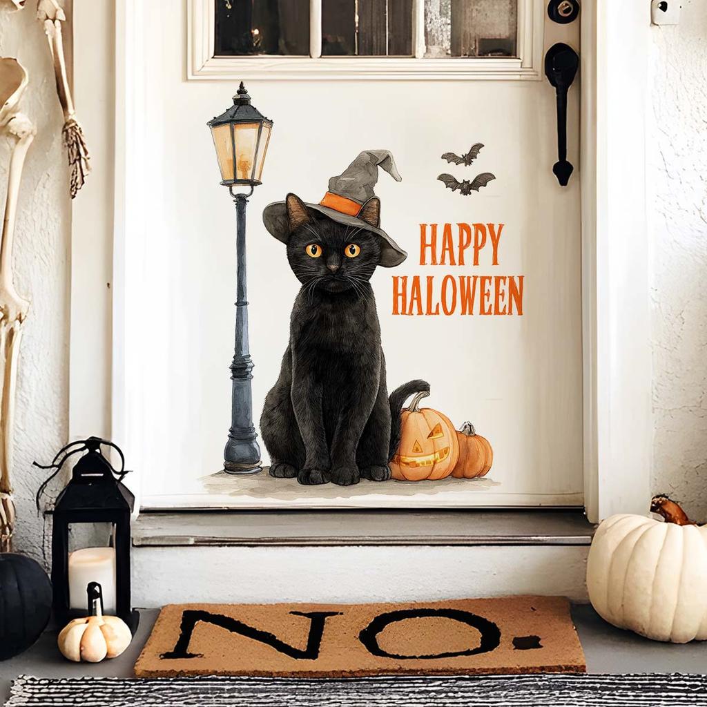 Retro Halloween Black Cat Wall Decal - Festival Elements Self-Adhesive Seamless Sticker
