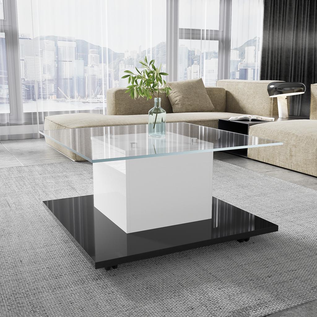 Couchtisch, Couchtisch aus Hochglanzglas, Mobiler Couchtisch mit Schwenkrädern