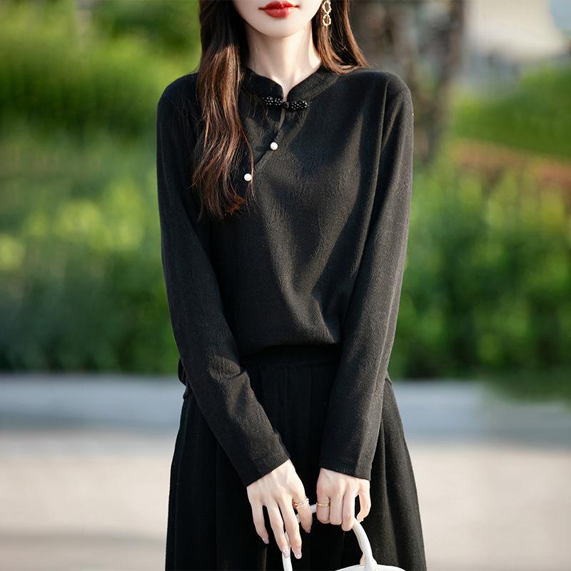 

Новый трикотажный свитер с круглым вырезом для весны и осени, с длинными рукавами, жаккардовым узором, диагональной застежкой, свободного кроя в новом китайском стиле XXL чёрный