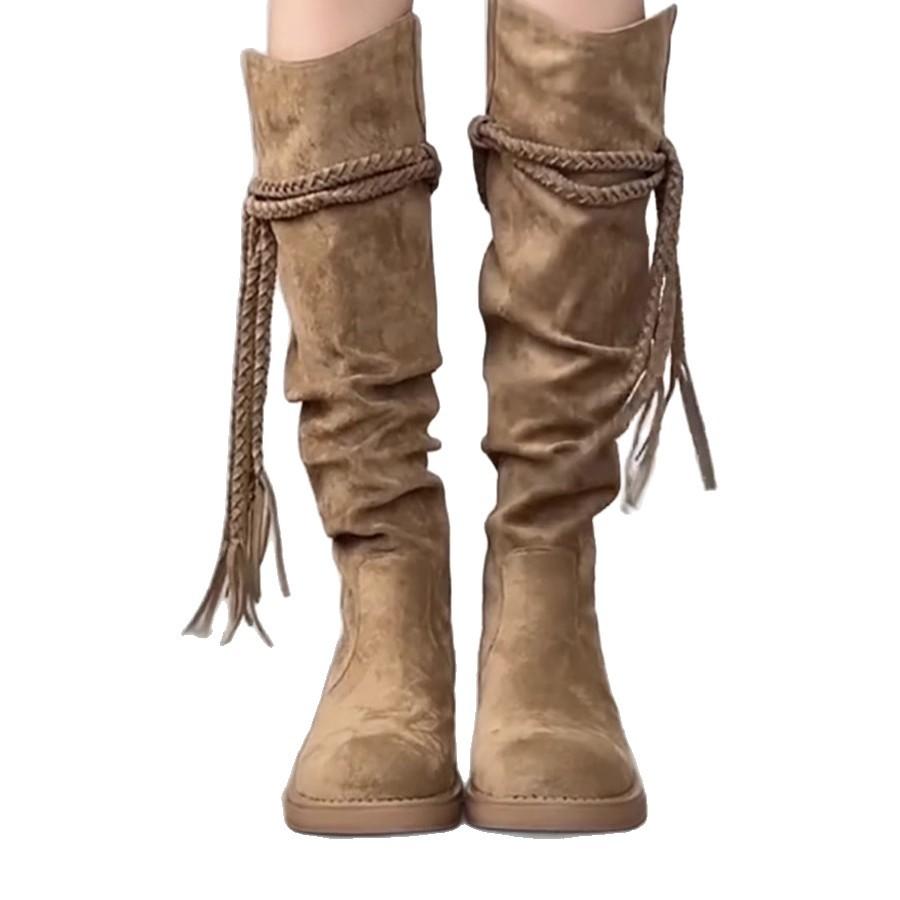 Soft leather version~ retro wasteland wind fringed knight boots thick heel but knee long boots popular pile medium boots women