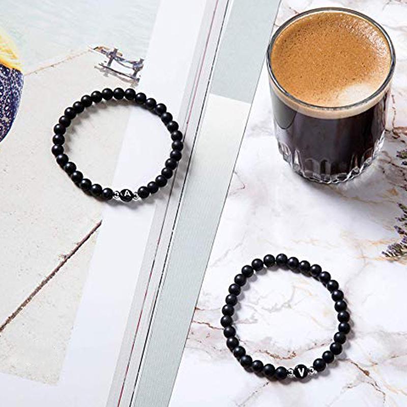 6mm Black Frosted Agate Stone Beaded 26 Letters Bracelet Valentine's Day Gift