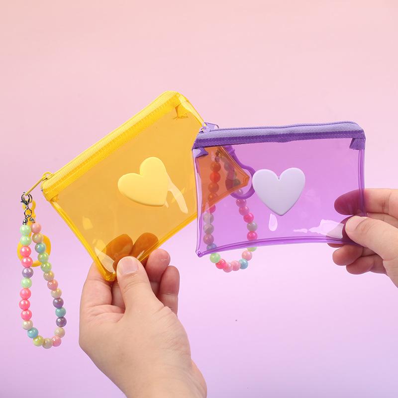 Cute Heart Pvc Transparent Handbag Coin Purse With Beads Chain Women Wallet Zipper Bag Wallet Earphone Key Storage Bag Girl Gift