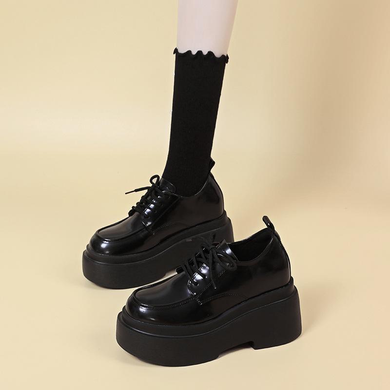 Heightened loafers women's spring 2025 new muffin platform super high heel small lace-up British small leather shoes