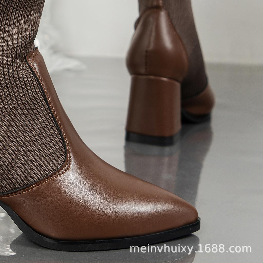 Pointed women's black thin boots women's new autumn and winter high-heeled short boots thick-heeled large-size women's boots