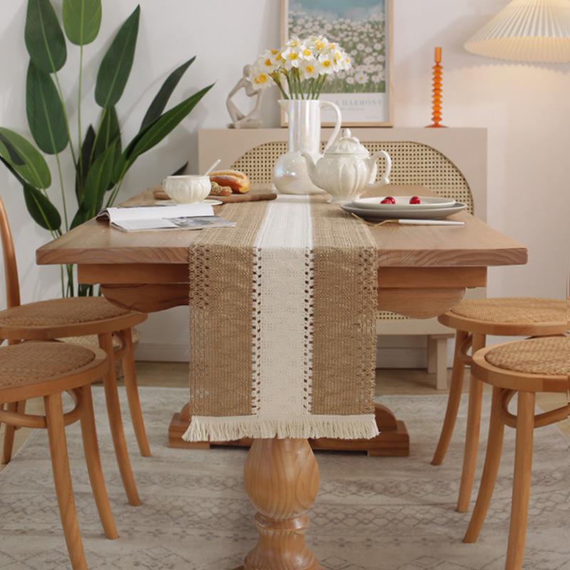 Vintage Cotton Linen Table Runner with Tassel Fringe – Light Luxury for Coffee Tables, Dining Tables, TV Stands, Chests, Shoe Cabinets, or Sideboards.