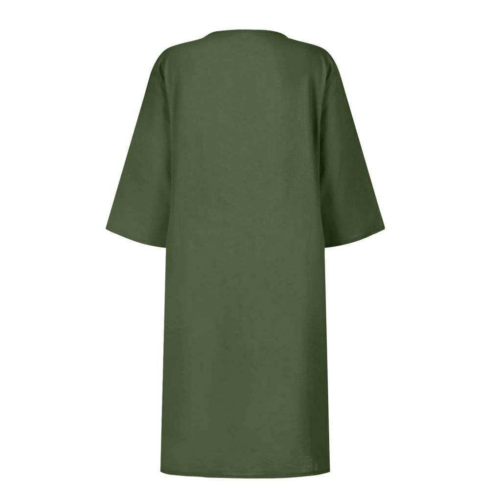Women's Fashion -Color Dress 3/4 Sleeves V Neck Dress