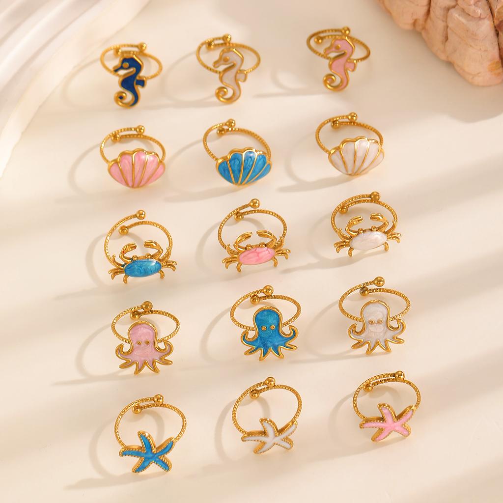 2026 Neuer Verstellbarer Öffnungsring Tropföl Super Süß Meereswind Meerestier Edelstahl Serie Ring