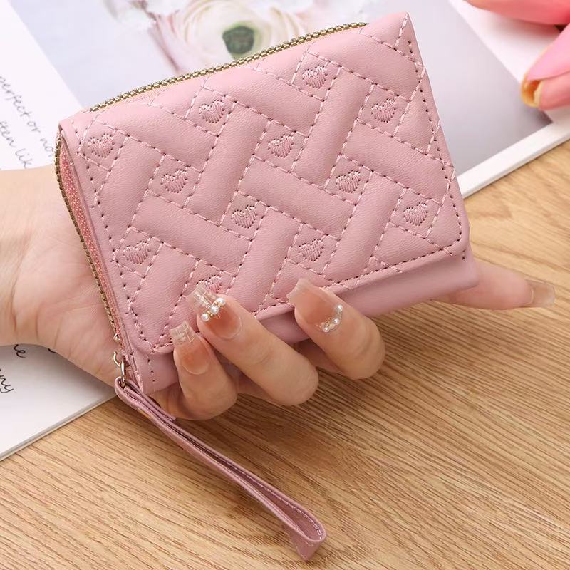New Korean Version Fashionable Heart-shaped Embroidered Women's Short Zipper Wallet Clutch Bag Solid Color Simple Change Bag Card Bag