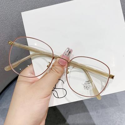 01076 Milk Tea Color Pin Glasses Frame Retro Square Trendy Myopia Women Anti-Blue Light Round Face Thin Flat Light
