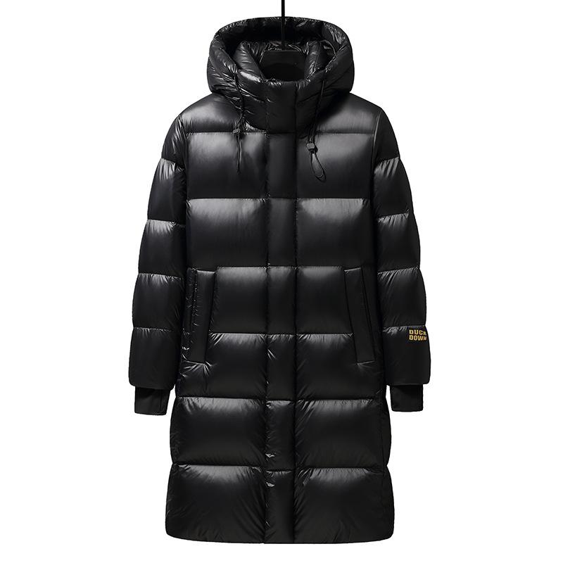 Men's and Women's Black and Gold Hooded Long Down Jacket - Thickened for Cold Protection