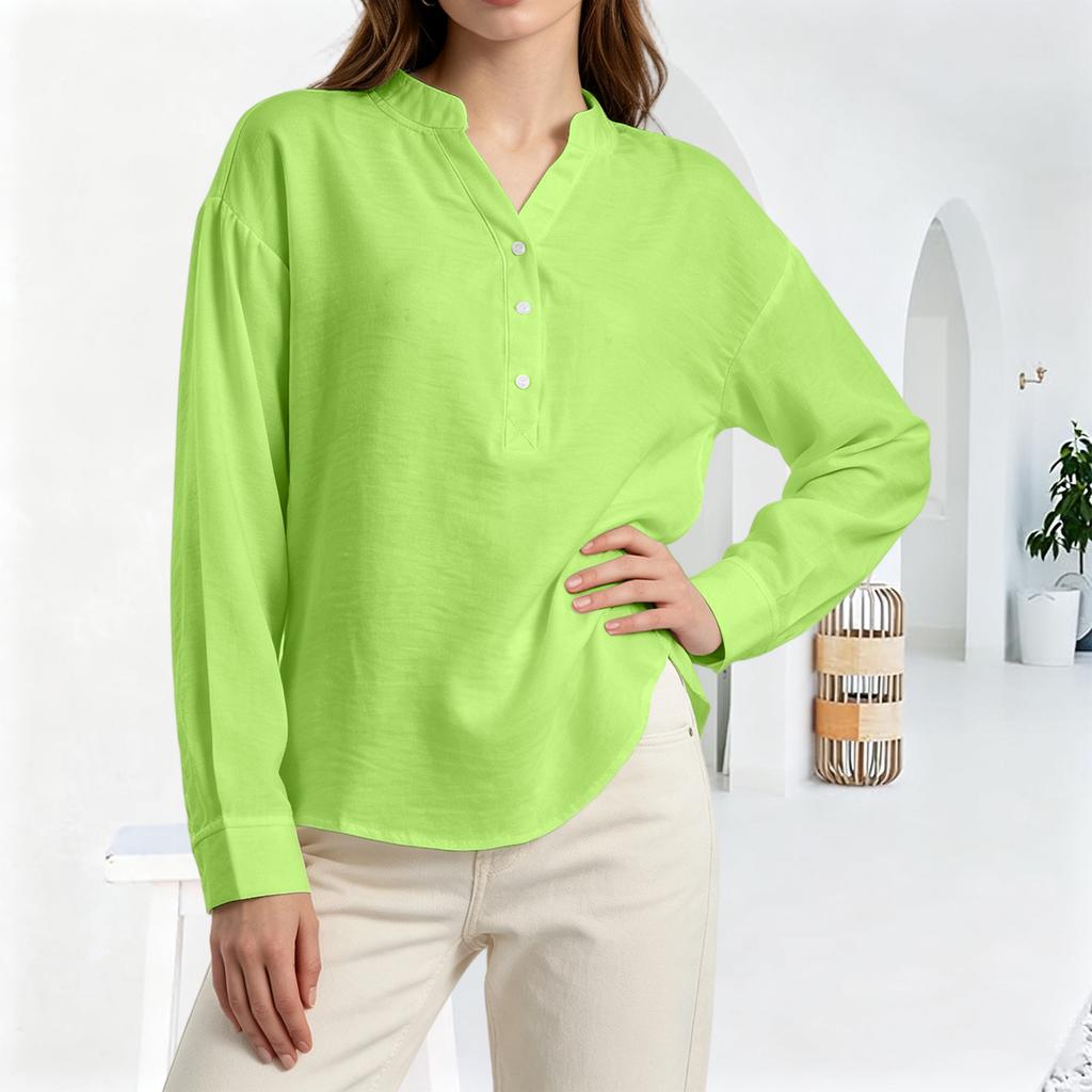Women's Fashion Casual Loose Pleated Button-Up Long Sleeve  Color Pullover Shirt Top
