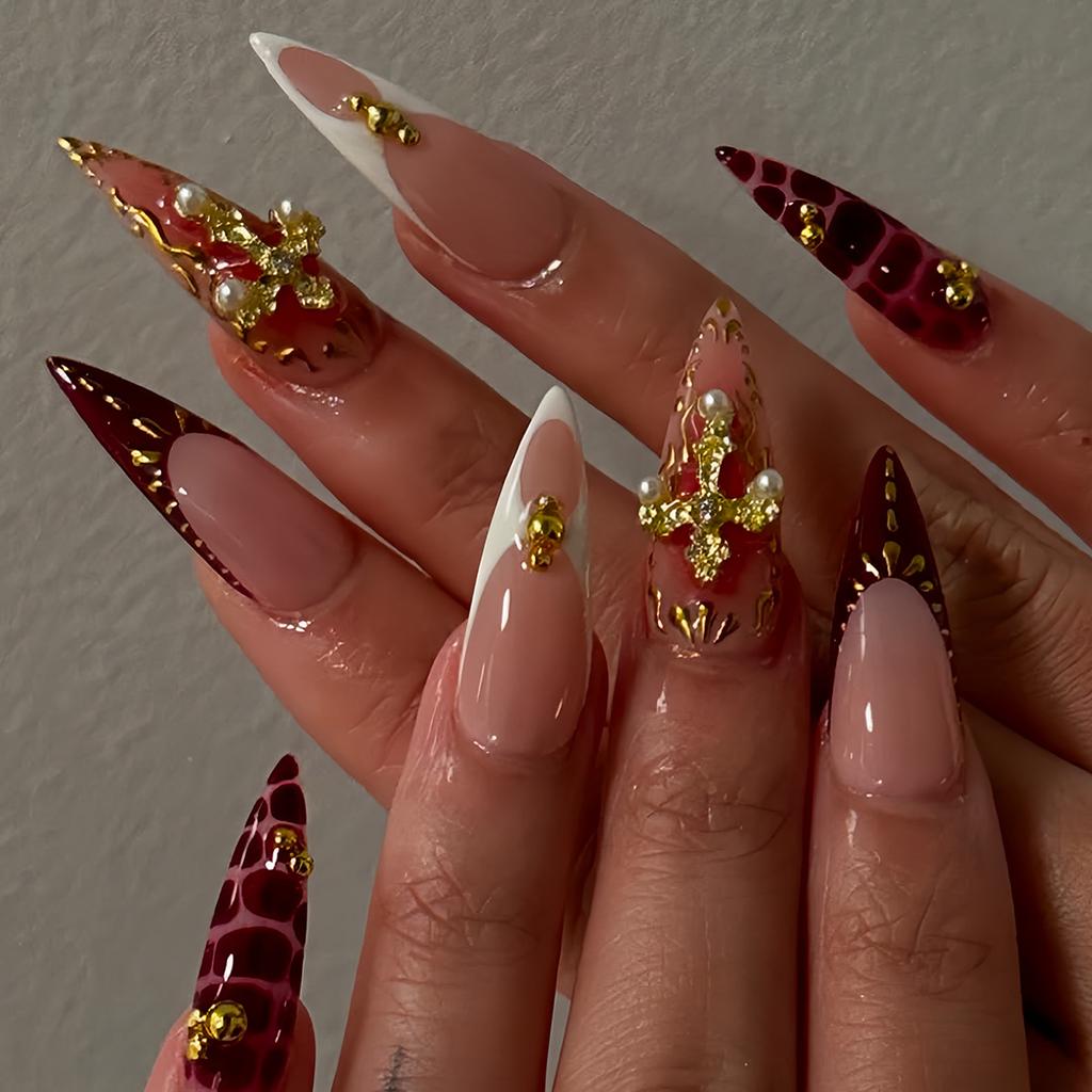 Press on Nails Long Stiletto Fake Nails with 3D Designs Dark Gothic Acrylic Nails Reusable Glossy Artificial Full Cover False Nail for Women 24Pcs