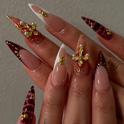 Press On Nails Long Stiletto Fake Nails with 3D Designs Dark Gothic Acrylic Nails Reusable Glossy Artificial Full Cover False Nail for Women 24Pcs