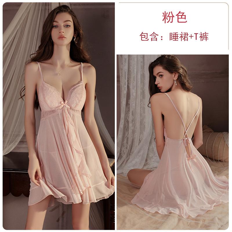 

Sweet perspective mesh sexy underwear deep V plus chest pad large size suspender nightdress uniform women s suit XL рожевий