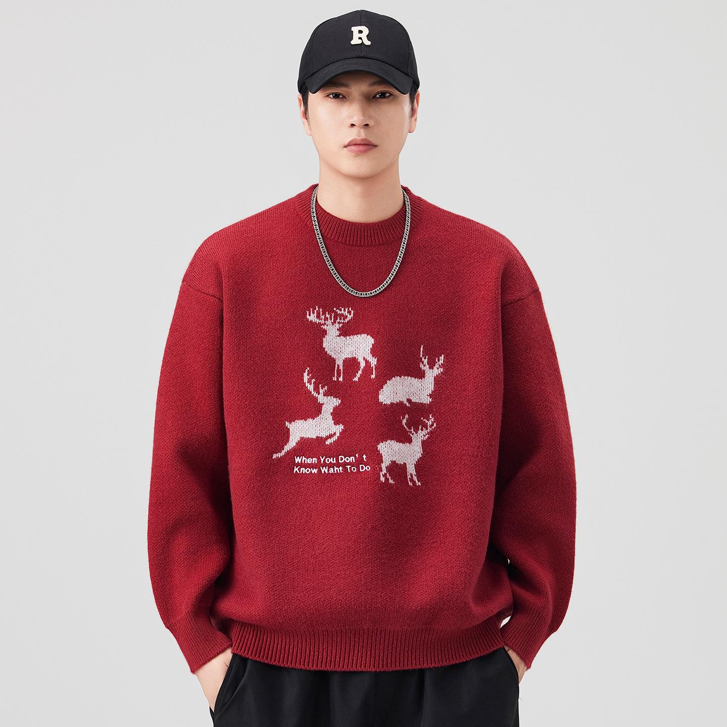 Men’s Red Deer Jacquard Knit Sweater - Autumn/Winter Loose Pullover M