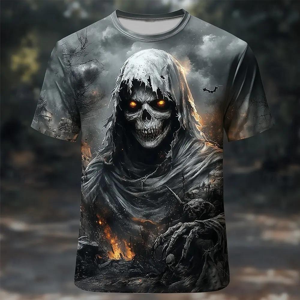 Men's Graphic Skull Flame Motorcycle T Shirt Casual Streetwear Short Sleeve T Shirt 3D Print Crew Neck Tees Top Vintage Clothing