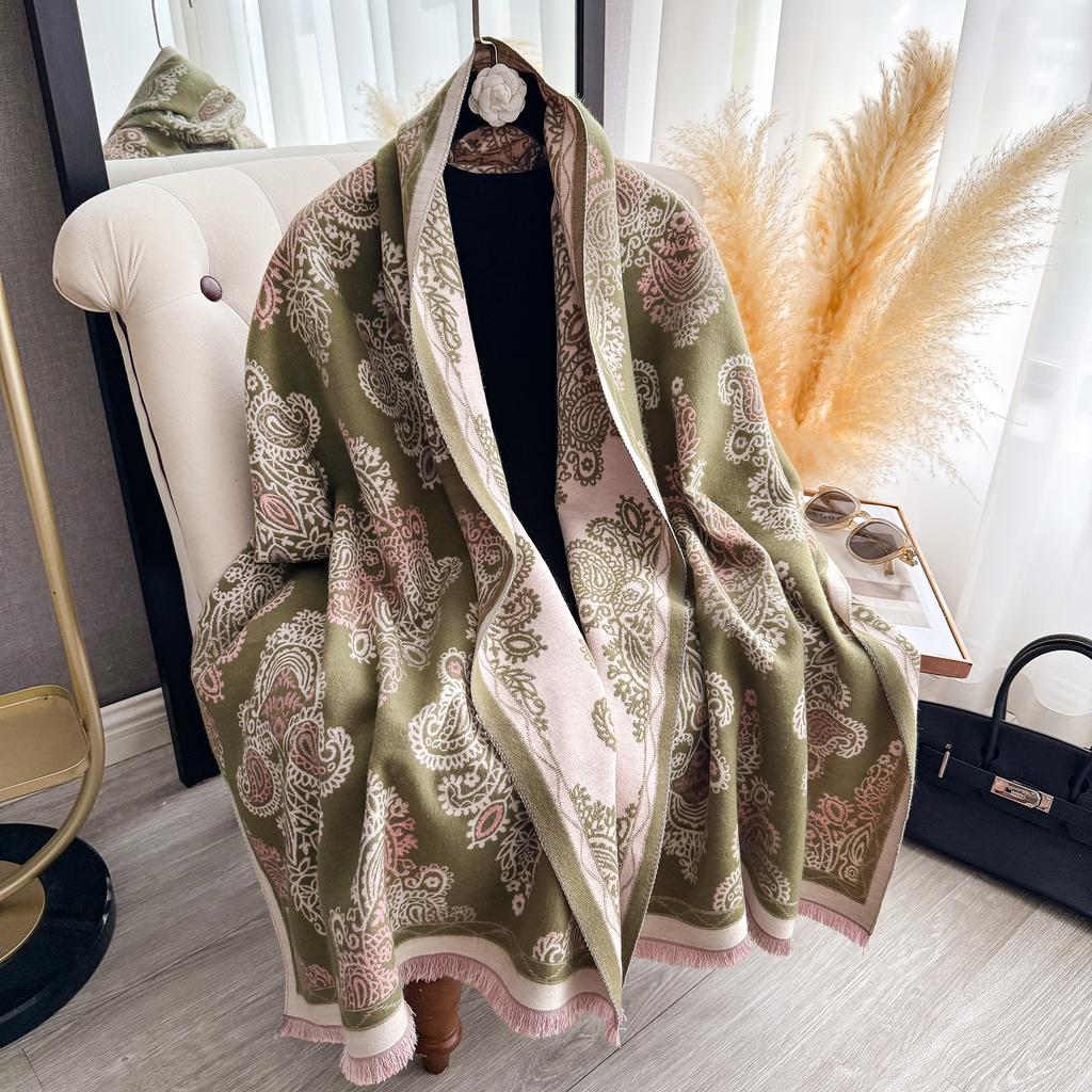 Women'S Autumn Winter Warm Faux Cashmere Scarf Jacquard Shawl Wrap Cozy Blanket Neck Protection