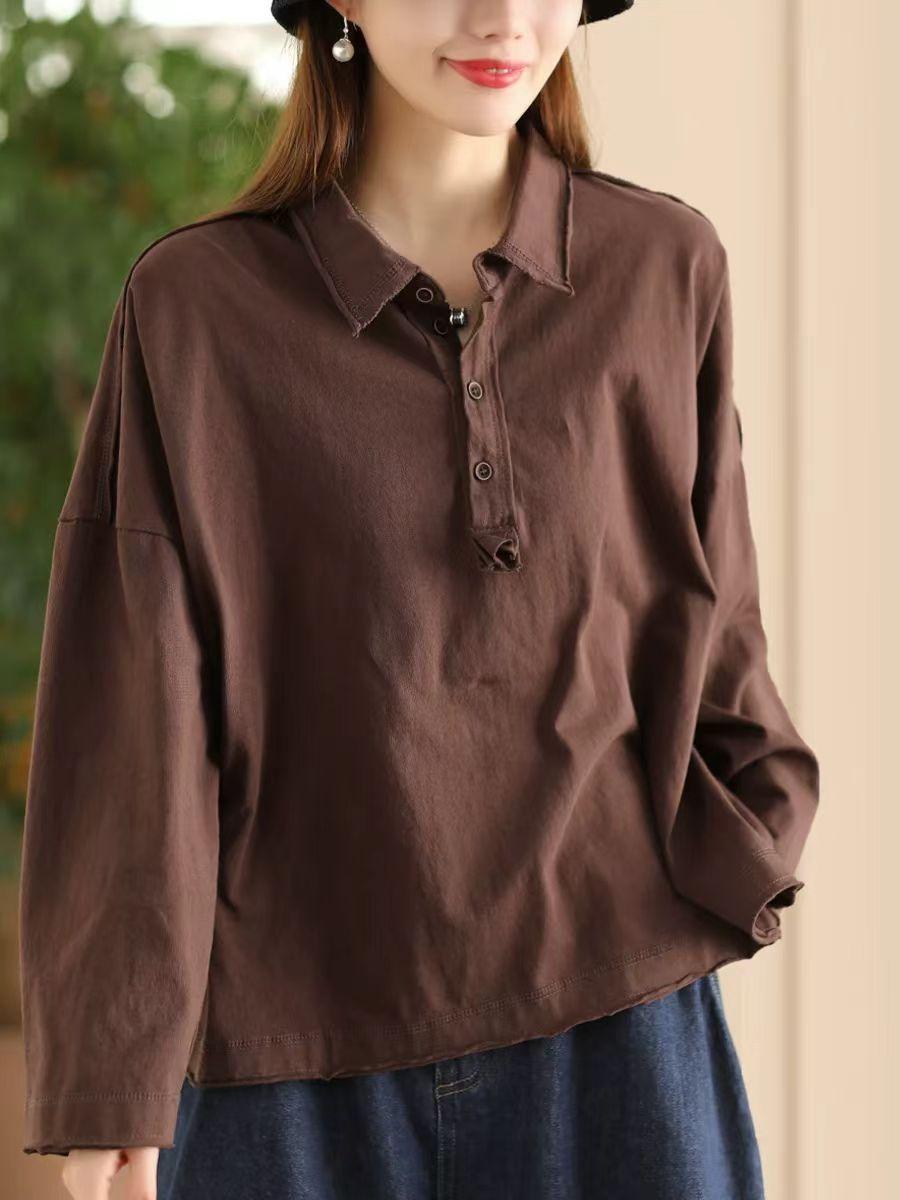 

Johnature Жіноча осіння вільна суцільна футболка з довгими рукавами в стилі ретро, ​​повсякденна, вінтажна індивідуальна футболка в китайському стилі кавовий