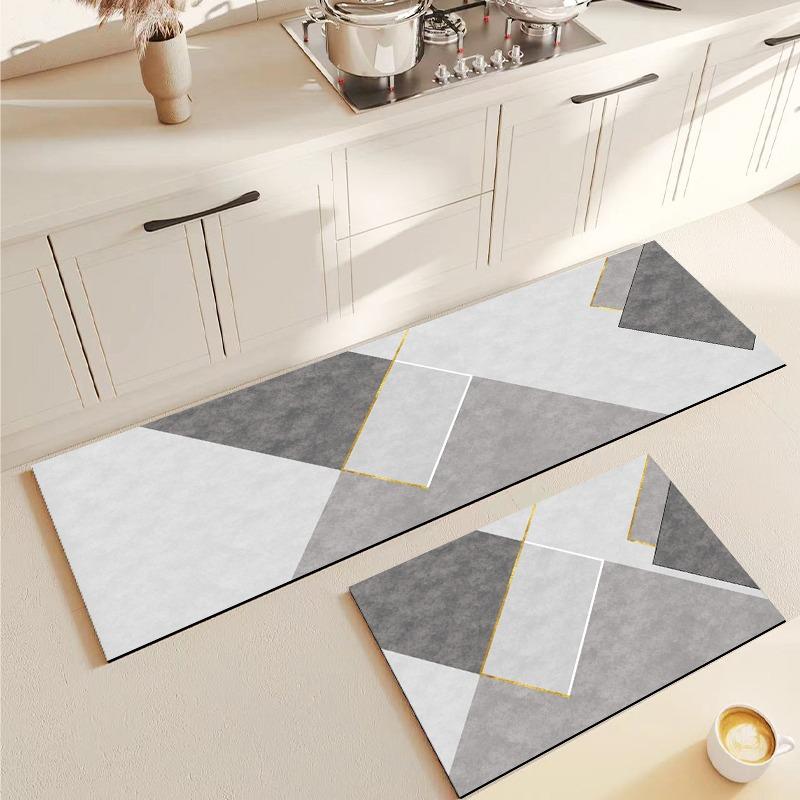 Kitchen Floor Mat Anti-slip Oil-proof Carpet Pvc Leather Foot Mats Gray Geometric Long Strip Rug Modern Style Home Decor Rugs